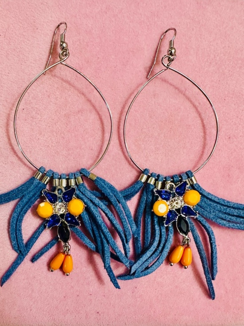 NWT Blue Fringe Statement Hoop Earrings